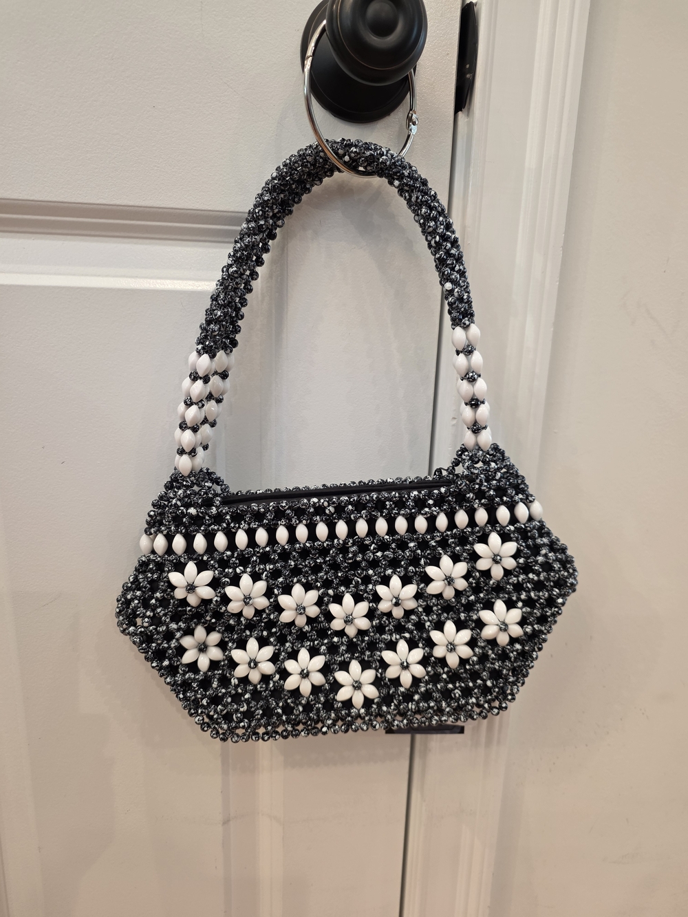 Women's Beaded Black & White Floral Shoulder Bag